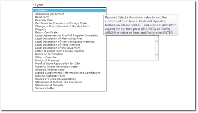 Permits Online screenshot 3: After you have browsed to locate the document you wish to upload, select the type of document from the "Type" field, and add…