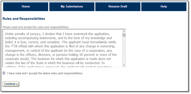 Permits Online screenshot 2: Indicate that you have read and accept the Rules and Responsibilities by marking the box. Select the "Continue" button.
