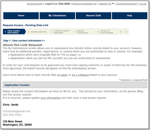 Permits Online screenshot 3: The contact information shown should be your information. TTB will contact you if we have questions about the request.