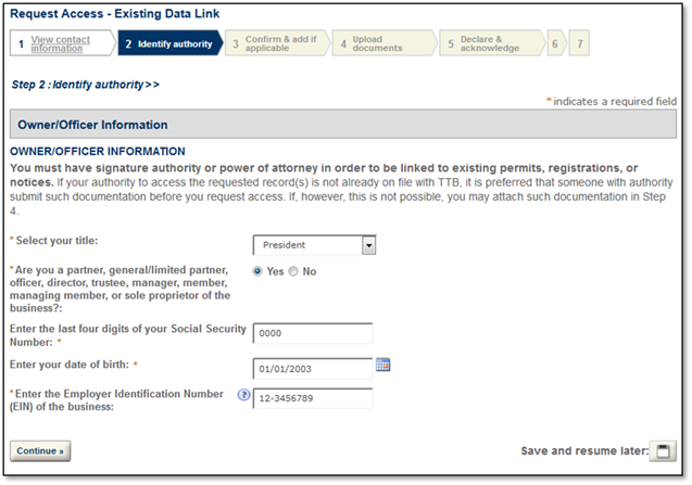 Permits Online screenshot 4: Enter the EIN of the business whose records you have authority to access. You must submit a separate request for each EIN.