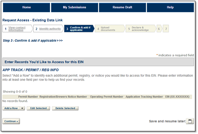 Permits Online screenshot 7: Select "Add a row" to identify each additional permit, registration, notice youwish to access to for this EIN