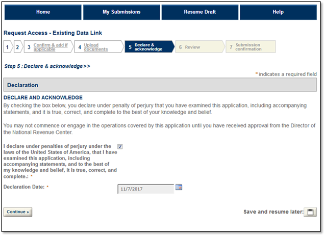 Permits Online screenshot 9: Read the statement and check the box if applicable. Select the "Continue" button.