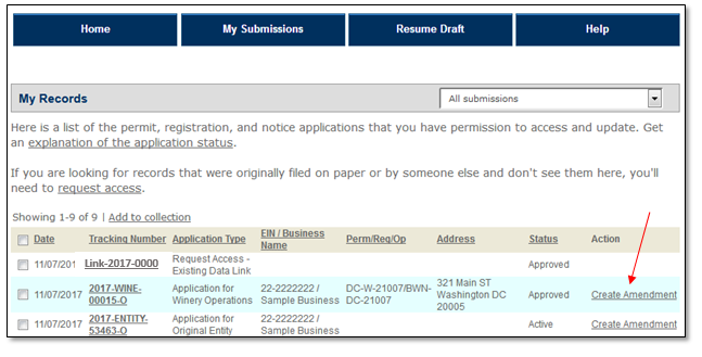 Permits Online screenshot 12: You may now file amendments to those records electronically through Permits Online.