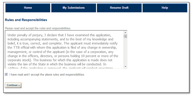 Permits Online screenshot 2: Indicate that you have read and accept the Rules and Responsibilities by marking the box. Select the "Continue" button.
