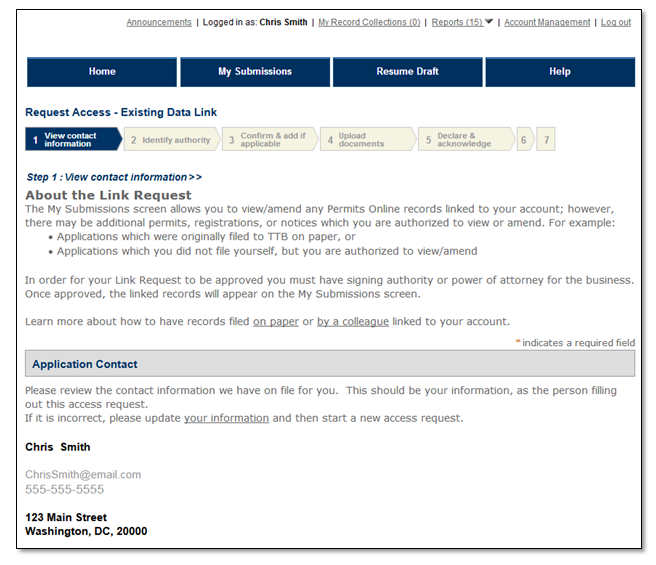 Permits Online screenshot 3: The application contact information shown is your information.