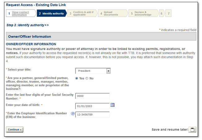 Permits Online screenshot 4: Enter the EIN of the business whose records you have authority to access. You must submit a separate request for each EIN.