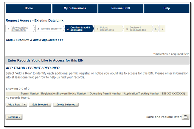 Permits Online screenshot 7: Select "Add a row" to identify each additional permit, registration, notice you wish to access to for this EIN.
