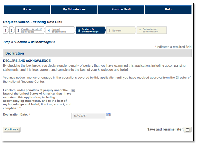 Permits Online screenshot 9: Read the statement and check the box, if applicable. Select the "Continue" button.