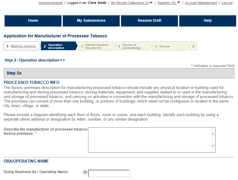 Permits Online screenshot 1: Step 2: Operation description