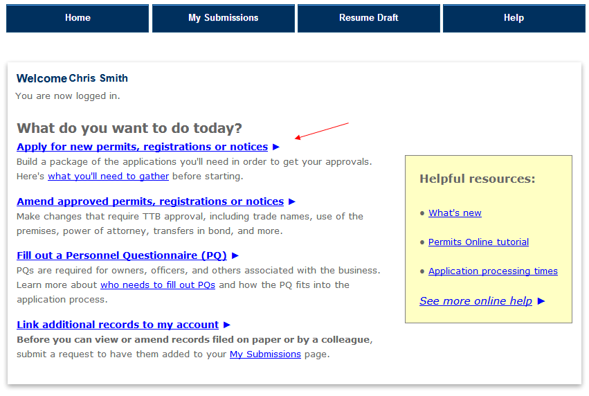 Permits Online screenshot 1: To access the New Applications Wizard, sign into your Permits Online account and select "Apply for New Permits,…