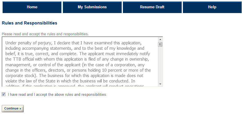 Permits Online screenshot 2: You will need to read and accept the Rules and Responibilities by marking the box. Select the "Continue" button