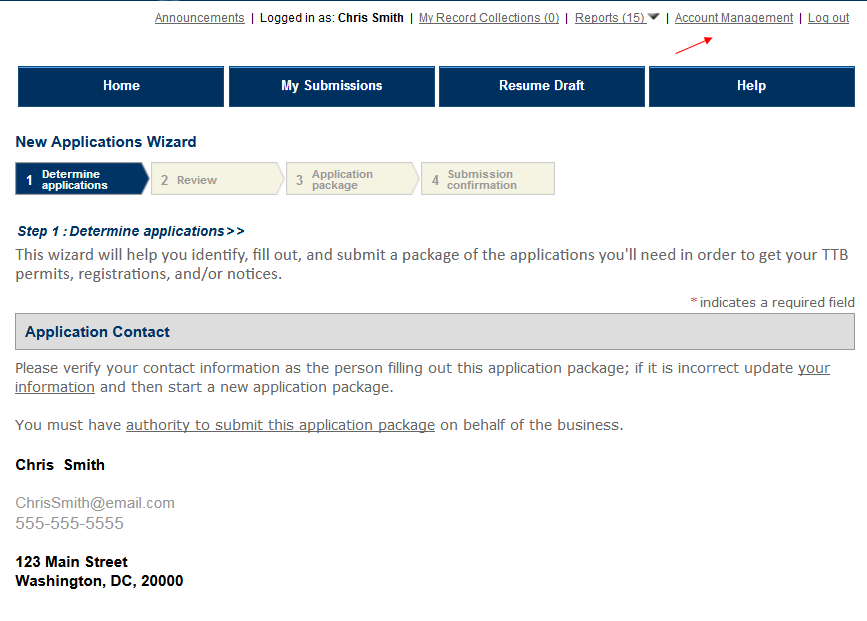 Permits Online screenshot 3: The contact information shown is for the person who is logged in to Permits Online.