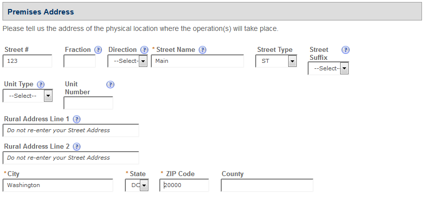 Permits Online screenshot 4: Enter the address of the physical location where the TTB-regulated operation(s) will take place.