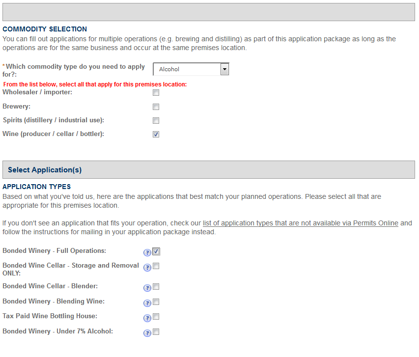 Permits Online screenshot 6: blue question mark.