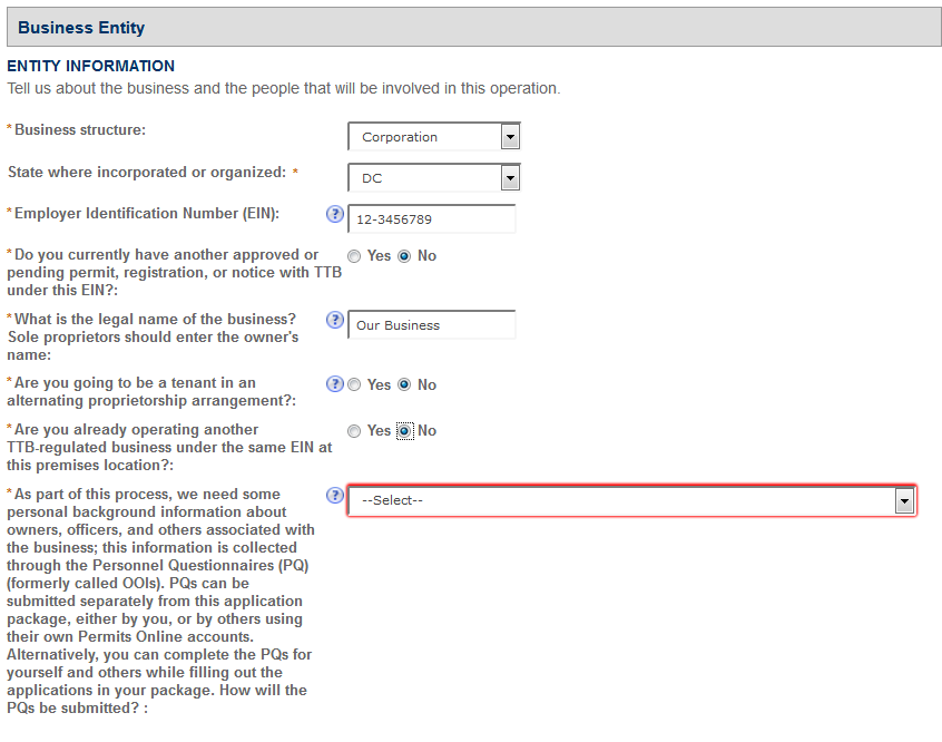 Permits Online screenshot 7: Next, you'll need to supply some basic information about your business entity, for example, how you are organized, your EIN,…
