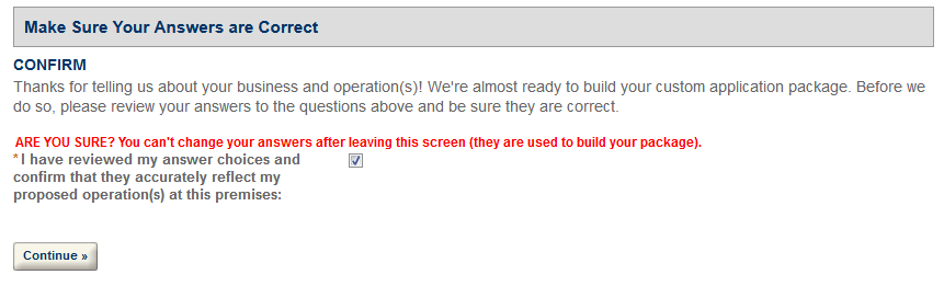 Permits Online screenshot 8: Before you continue, review the answers you gave in the previous sections.