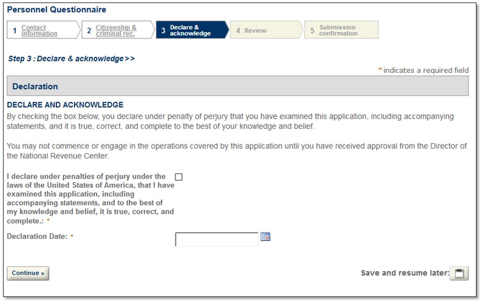 Permits Online screenshot 17: Read the statement and check the box. Select "Continue."