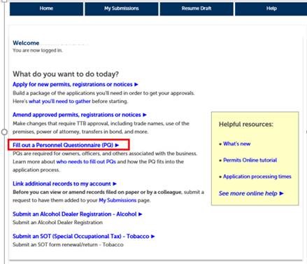 Permits Online screenshot 2: Once logged in, the submitter should select "Fill out a Personnel Questionnaire (PQ)" from the home page.