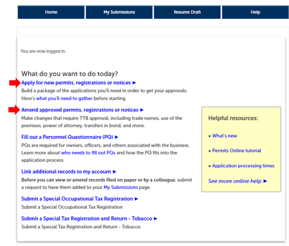 Permits Online screenshot 3: After logging in, select "Apply for New Permits, Registrations or Notices" or "Amend Approved Permits, Registrations or…