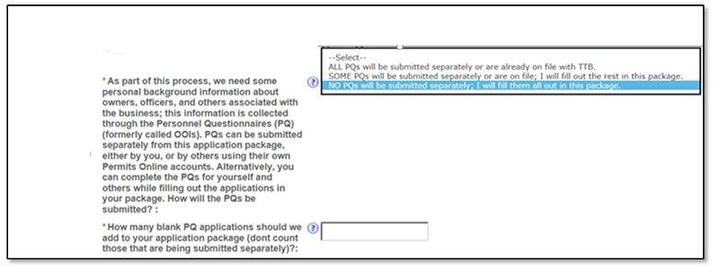 Permits Online screenshot 4: No PQs will be submitted separately; I will fill them out in this package Choose this option if no one will be submitting…