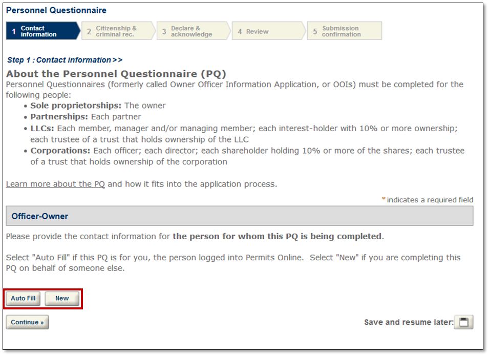 Permits Online screenshot 6: Select "Auto Fill," if you are completing the PQ for/about yourself.