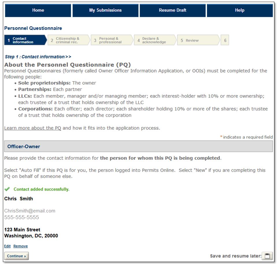 Permits Online screenshot 9: Verify the information is correct or select "Edit." When finished, select "Continue."