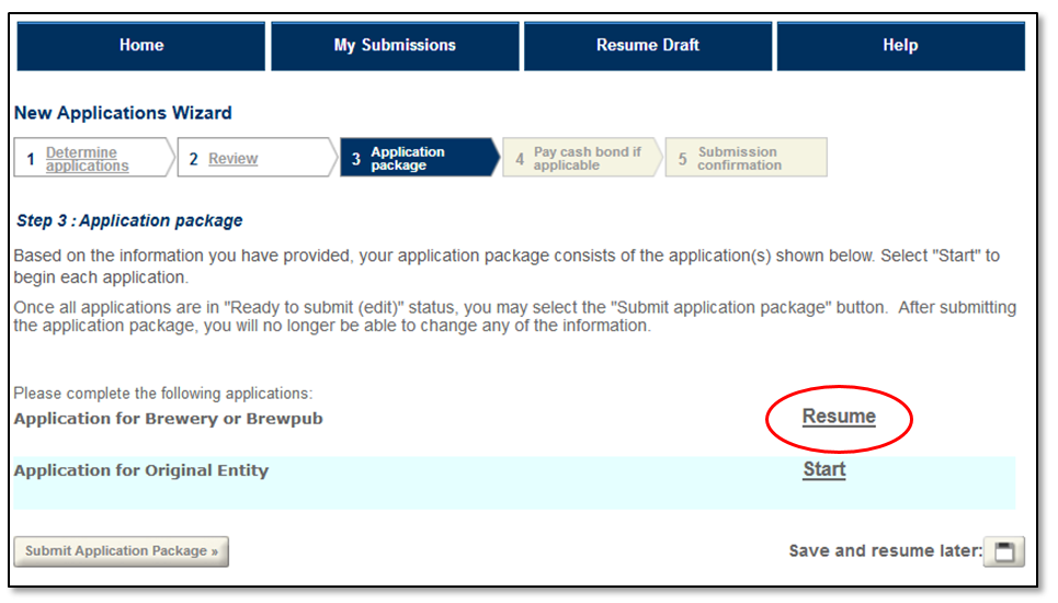 Permits Online screenshot 2: If you are working on an application within an application package, when you select "Save and Resume Later" you will be…