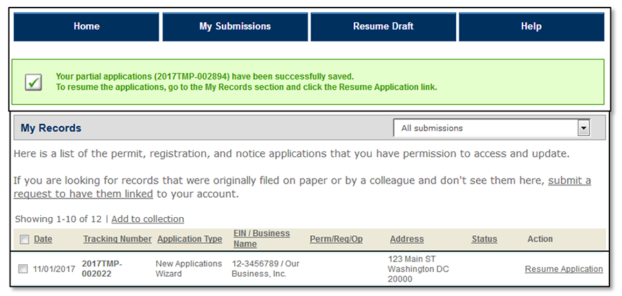 Permits Online screenshot 3: If you logged off Permits Online after saving an application, you may resume it from your "My Submissions" page.