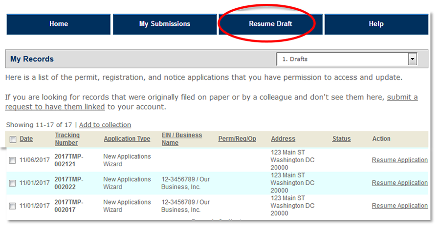 Permits Online screenshot 4: You may also resume saved applications by using the "Resume Draft" button at the top of each page.