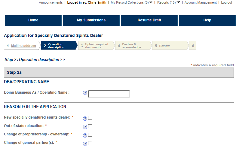 Permits Online screenshot 1: Step 2: Operation description