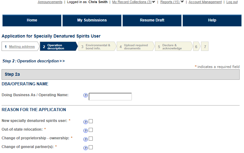 Permits Online screenshot 1: Step 2: Operation description