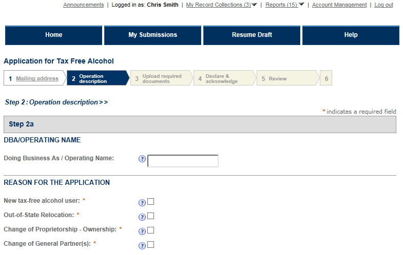 Permits Online screenshot 1: Step 2: Operation description