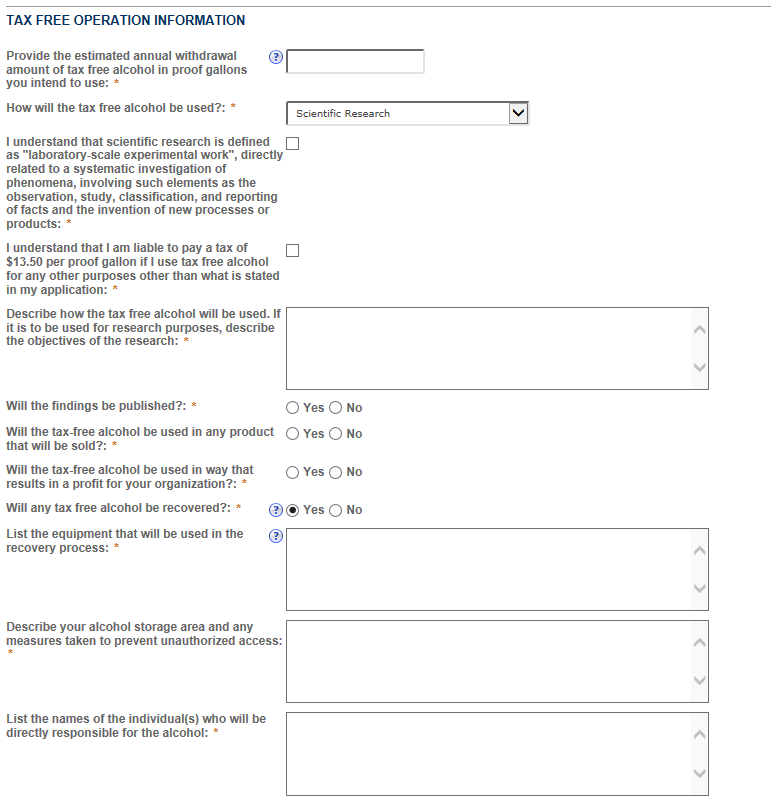 Permits Online screenshot 3: Depending on which way you will use the tax free alcohol, different questions will appear.