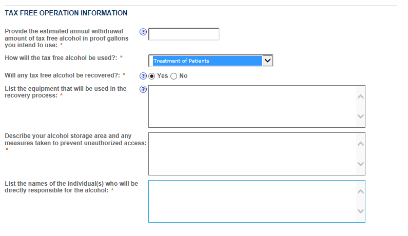 Permits Online screenshot 4: Depending on which way you will use the tax free alcohol, different questions will appear.