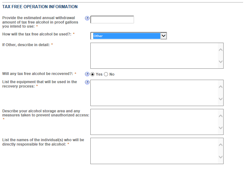 Permits Online screenshot 5: Depending on which way you will use the tax free alcohol, different questions will appear.
