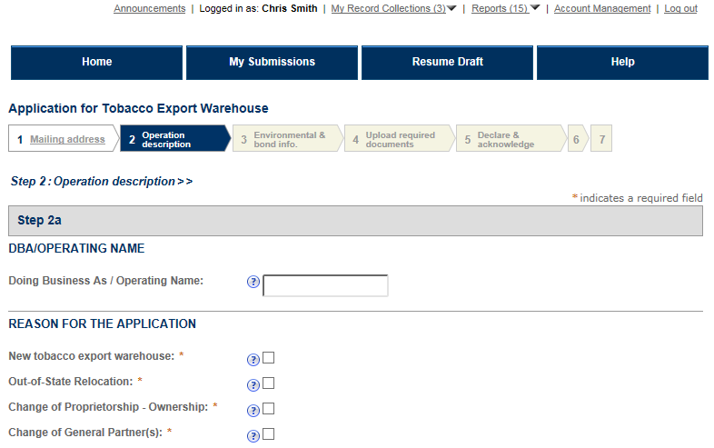 Permits Online screenshot 1: Step 2: Operation description