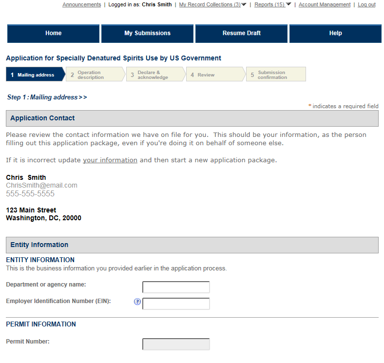 Permits Online screenshot 1: Step 1: Mailing address