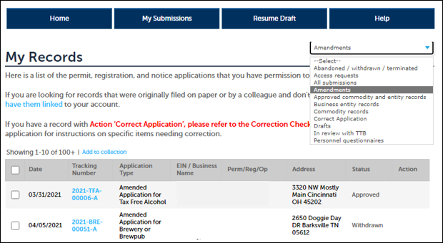 Permits Online screenshot 1: You can sort or filter your applications in the My Records section.