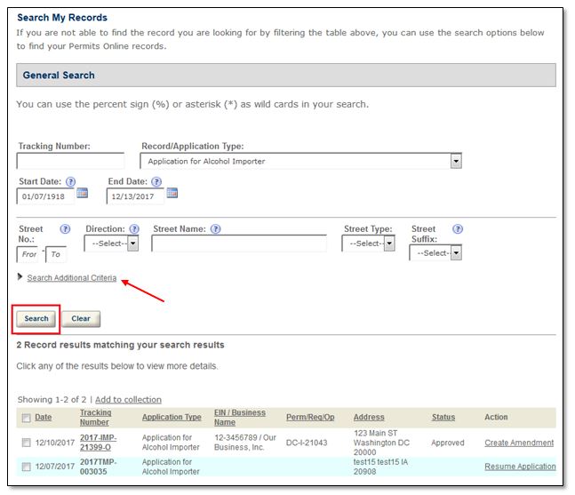 Permits Online screenshot 2: You can use the General Search section to find a specific record by entering either the tracking number , application type,…