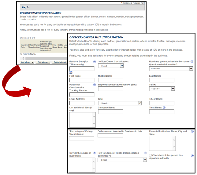 Business officer and ownership information fields