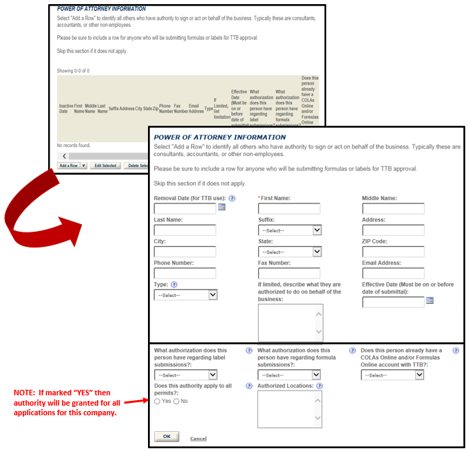Power of attorney information fields
