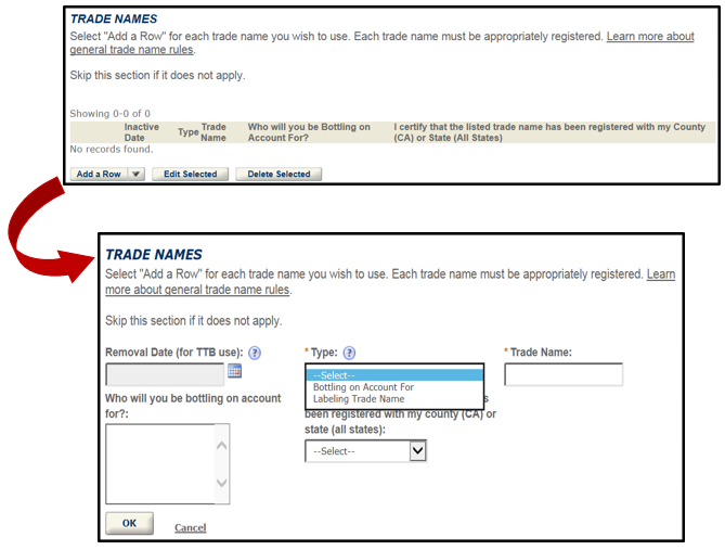 Trade name fields
