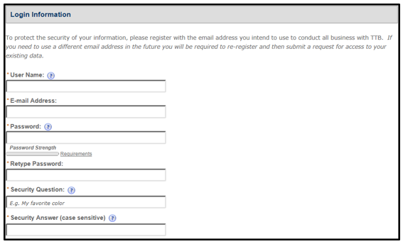 Permits Online account registration fields