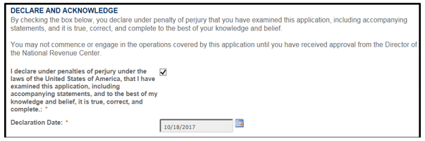 Application declaration and acknowledgement