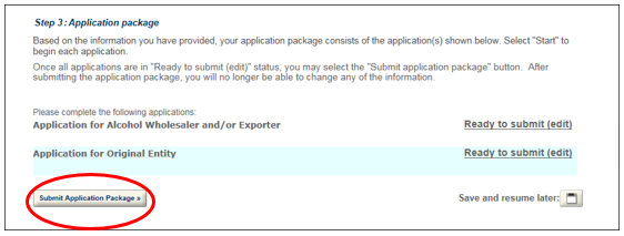 Submit Application Package option