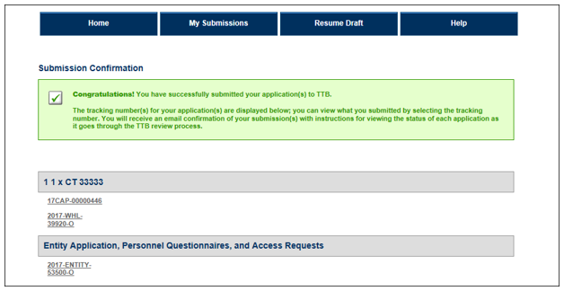 Application submission confirmation