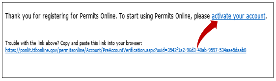 Account verification email from Permits Online