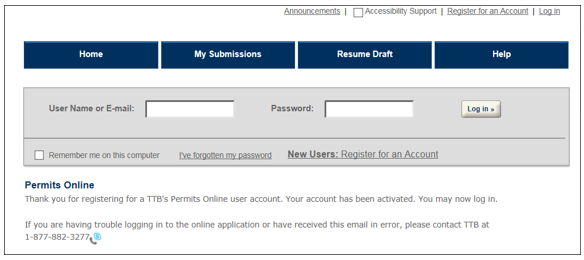 Permits Online login screen