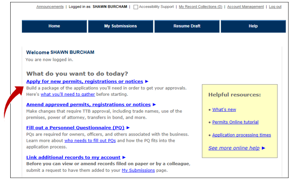 Apply for New Permits, Registration or Notices option