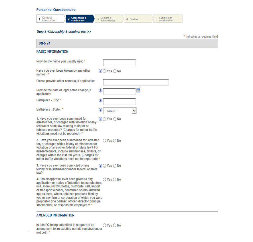 Personnel Questionnaire citizenship and criminal record fields